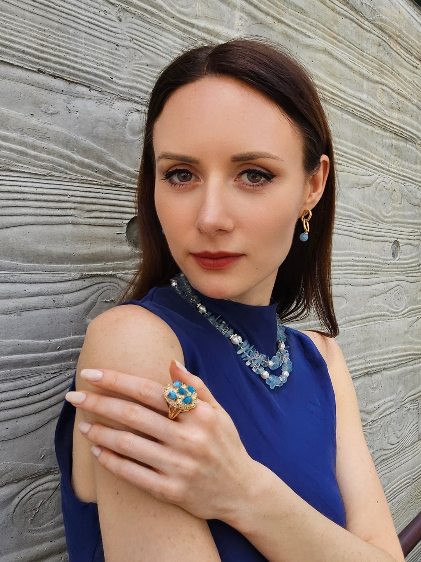 Aquamarine With Freshwater Pearls Double Layers Necklace PN025-3