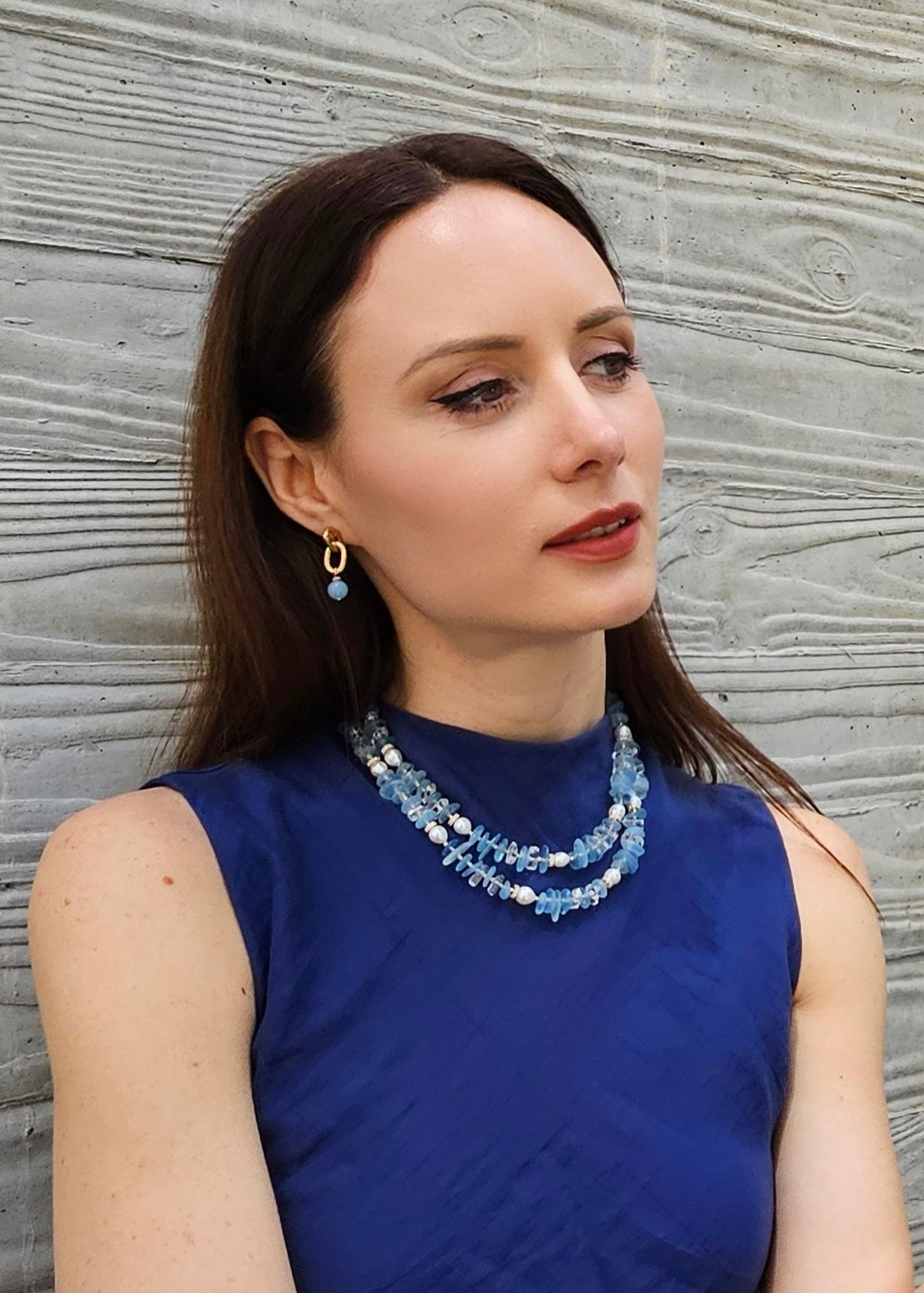 Aquamarine With Freshwater Pearls Double Layers Necklace PN025-4