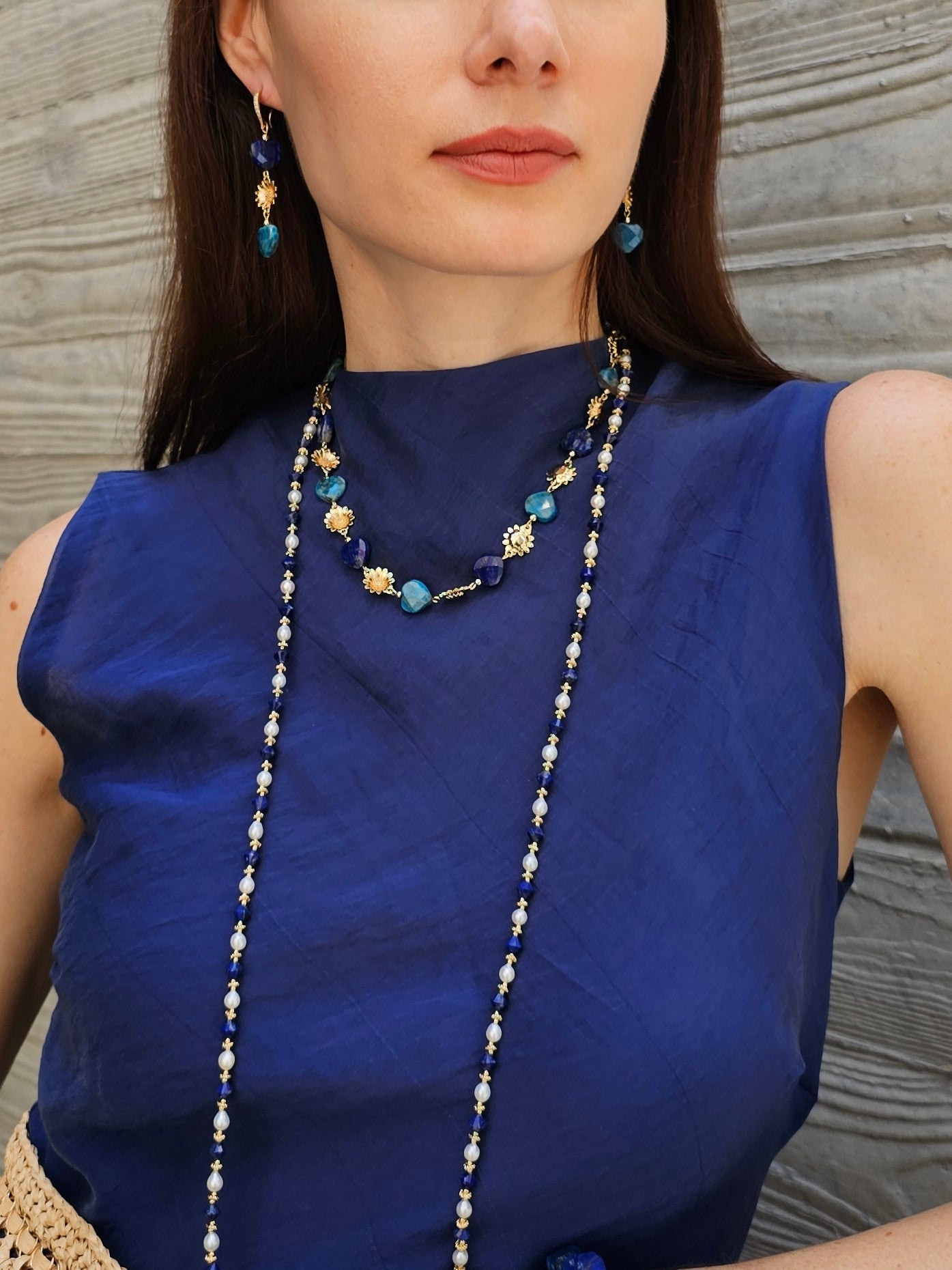 Heart Blue Gemstone With Flower Charms Statement Necklace PN034-3