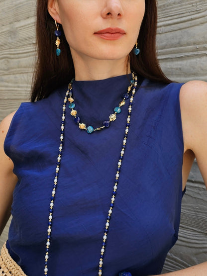 Heart Blue Gemstone With Flower Charms Statement Necklace PN034-3