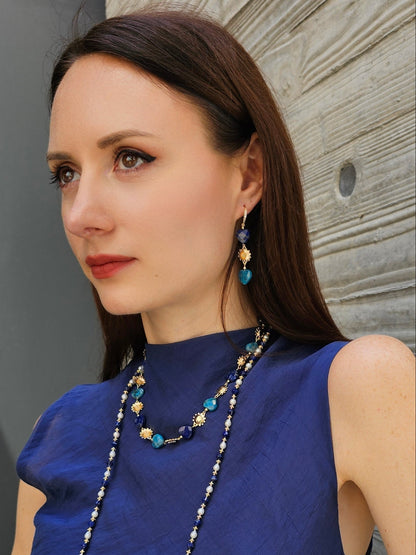 Heart-Shaped Lapis and Apatite Flower Dangle Earrings PE025-2