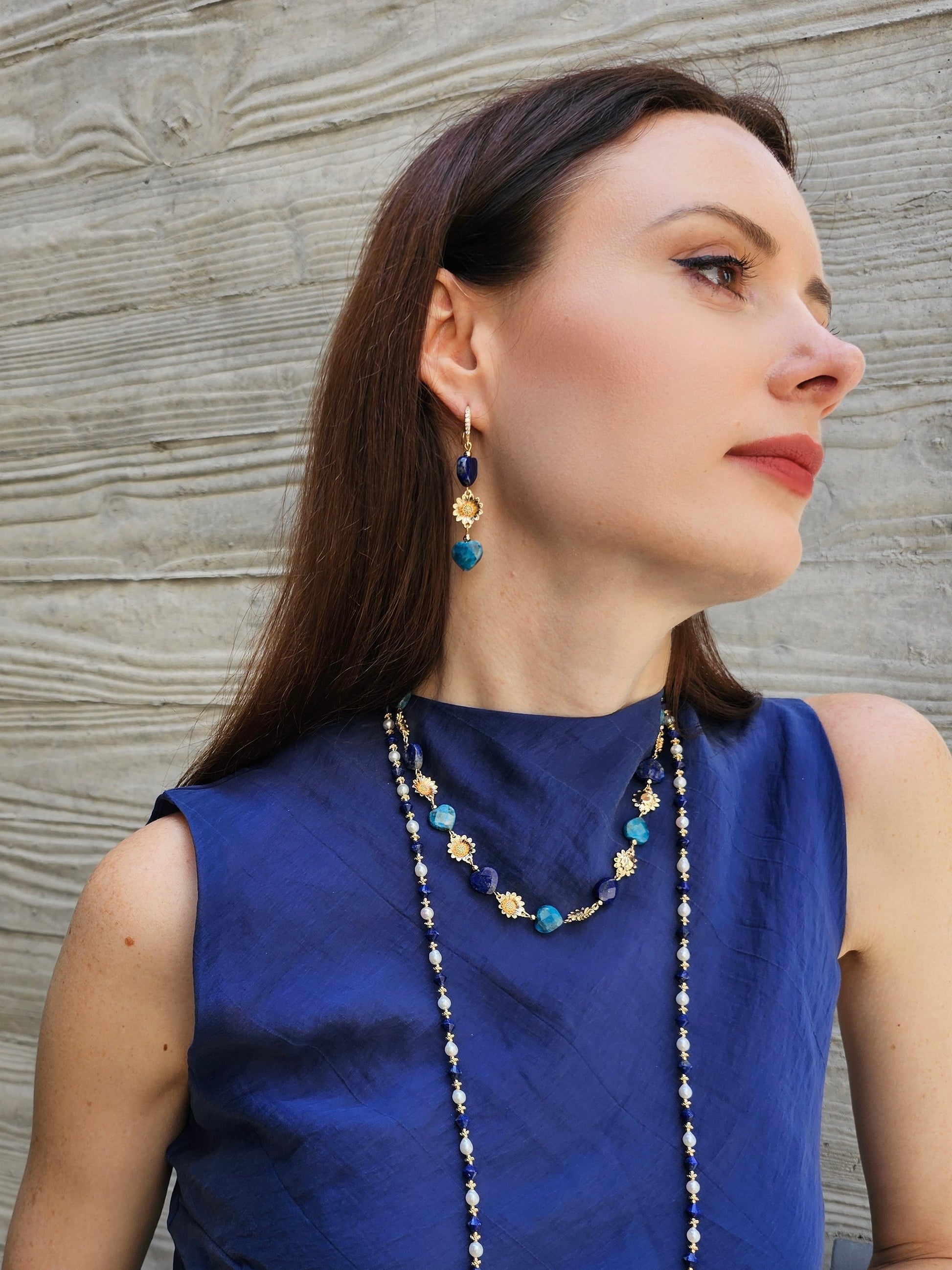 Heart Blue Gemstone With Flower Charms Statement Necklace PN034-1