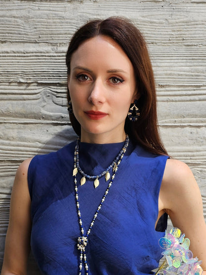 Bohemian Style Sodalite With Leaves Charms Statement Necklace PN030-1