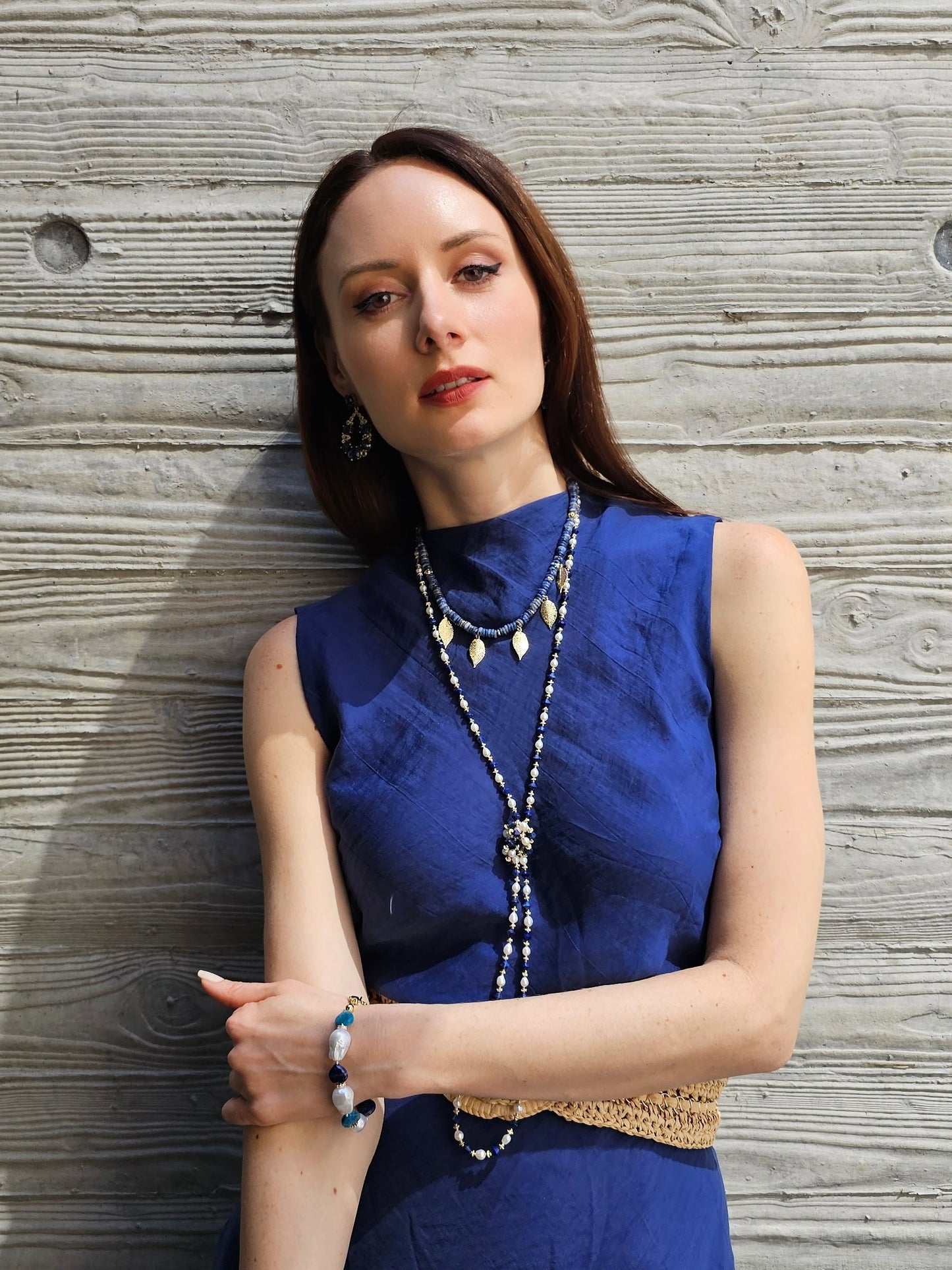 Bohemian Style Sodalite With Leaves Charms Statement Necklace PN030-3