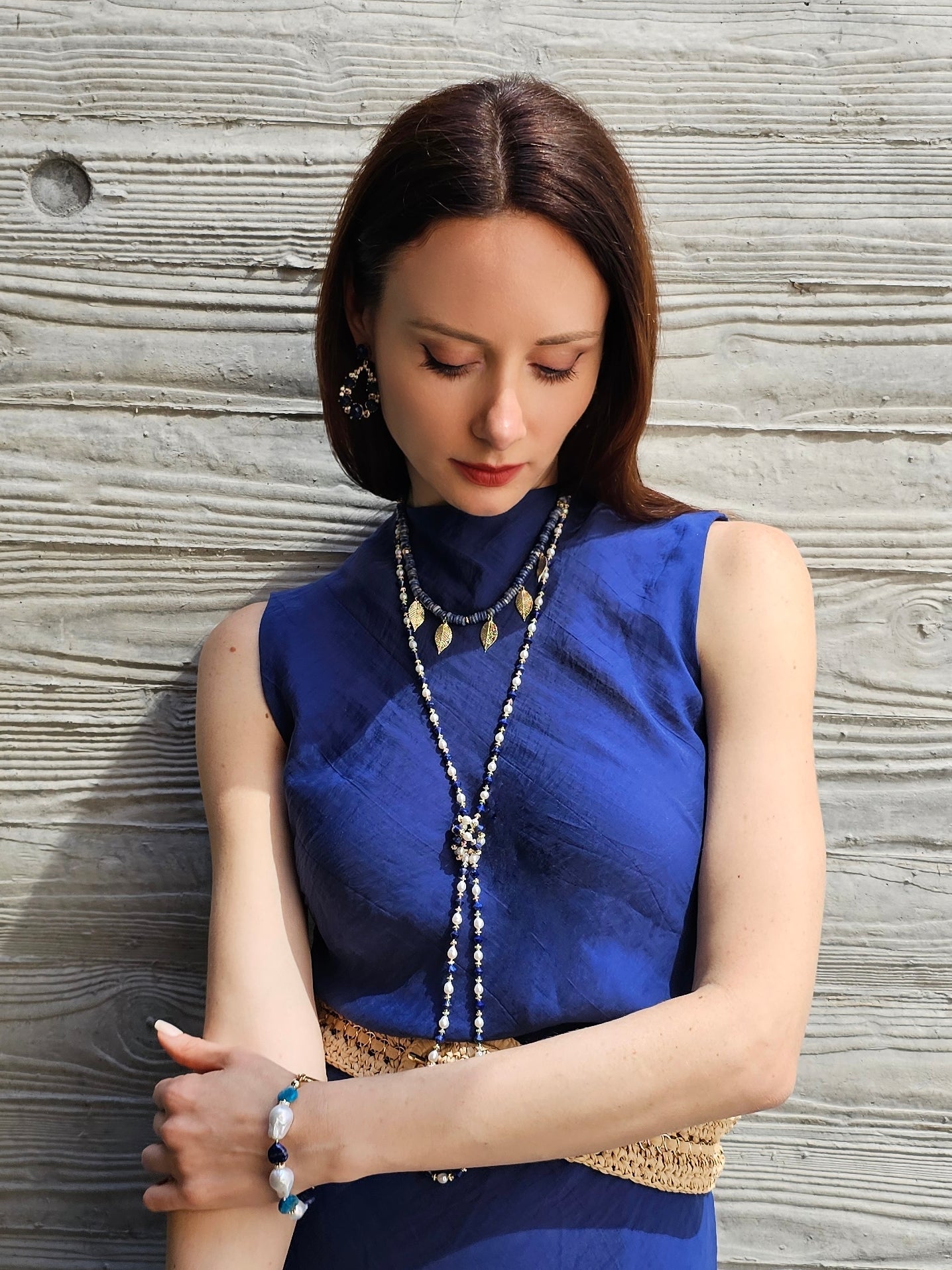 Bohemian Style Sodalite With Leaves Charms Statement Necklace PN030-4