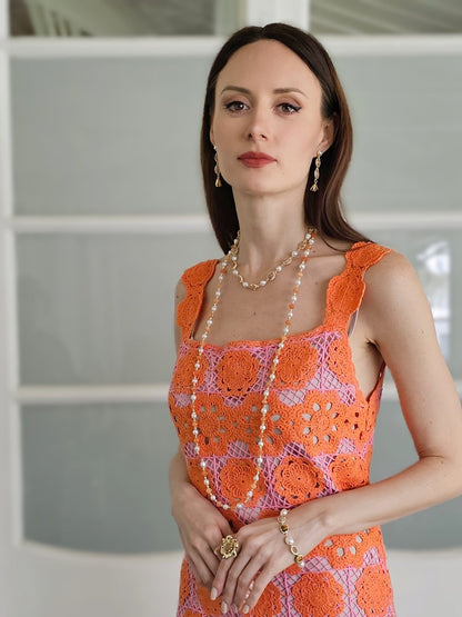 Freshwater Pearls With Orange Jade Long Necklace PN048-1