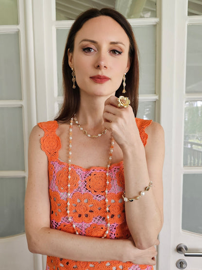 Freshwater Pearls With Orange Jade Long Necklace PN048-4