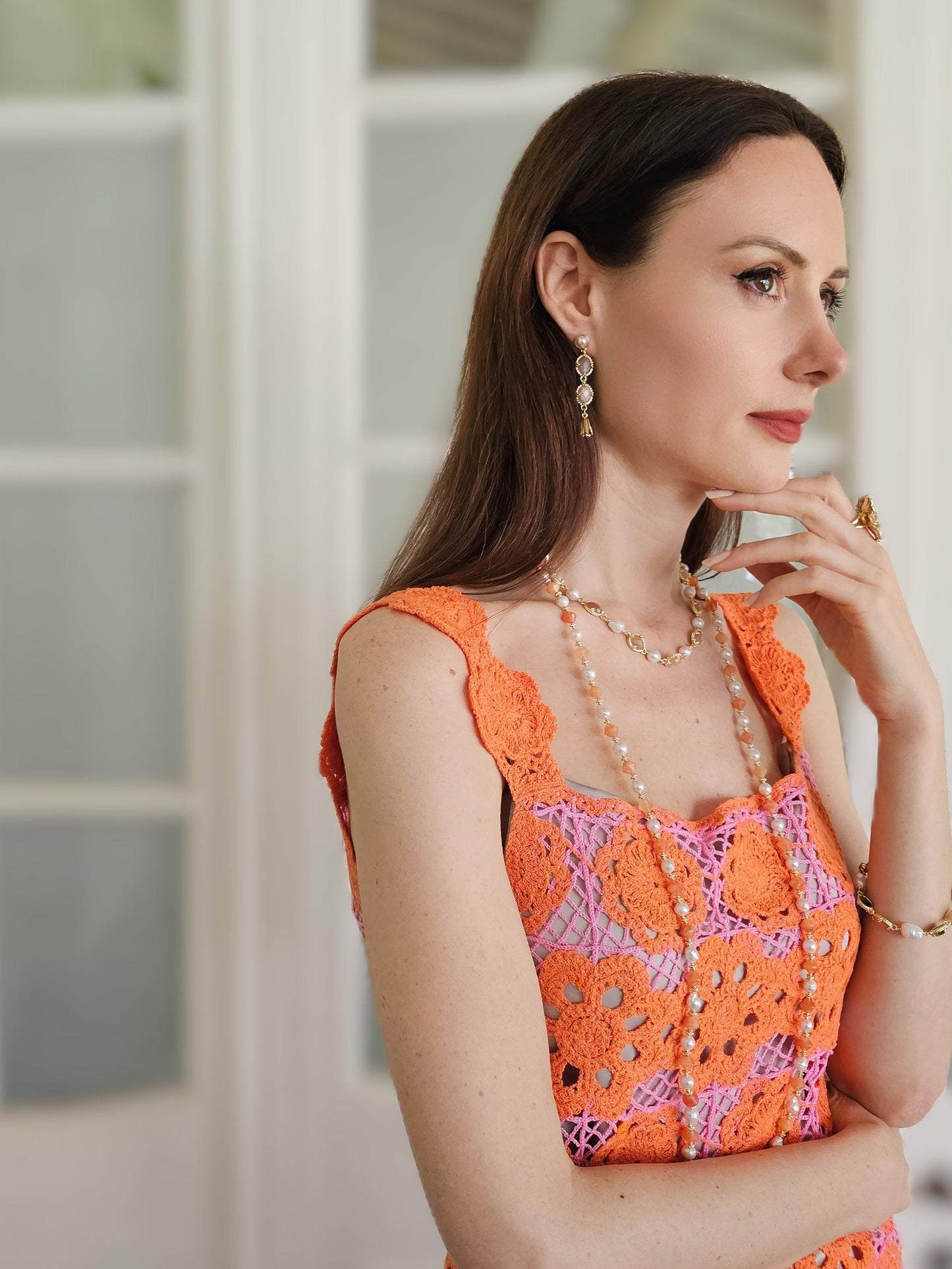 Freshwater pearls With Orange Moonstone Statement Necklace PN044-4