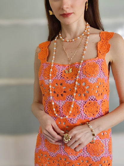 Freshwater Pearls With Orange Jade Short Necklace PN047-3