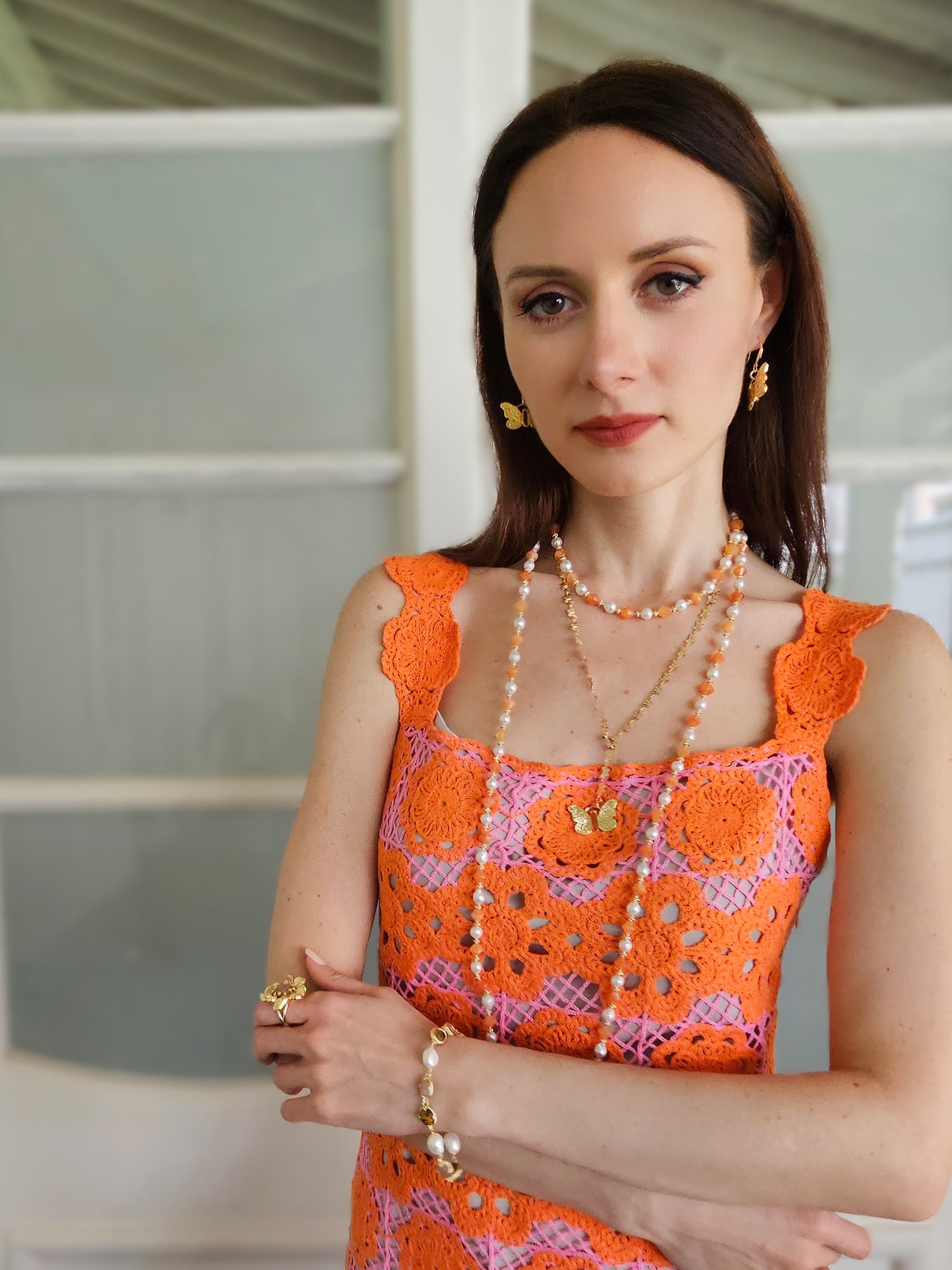 Freshwater Pearls With Orange Jade Short Necklace PN047-4