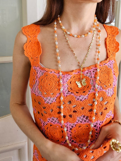 Freshwater Pearls With Orange Jade Short Necklace PN047-1