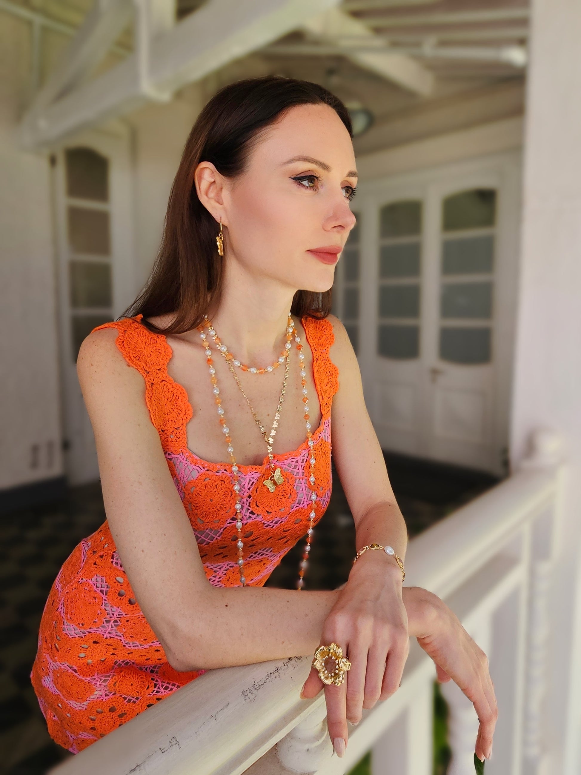 Gold Butterfly with Red Agate Stone Dangle Earrings PE032-3