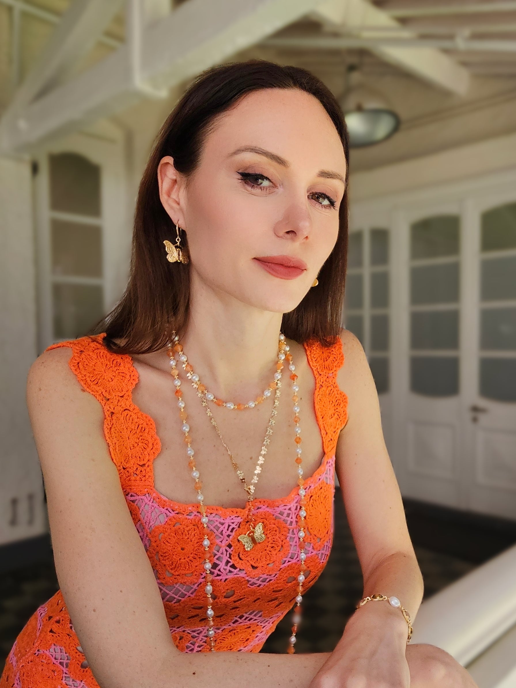 Freshwater Pearls With Orange Jade Short Necklace PN047-2