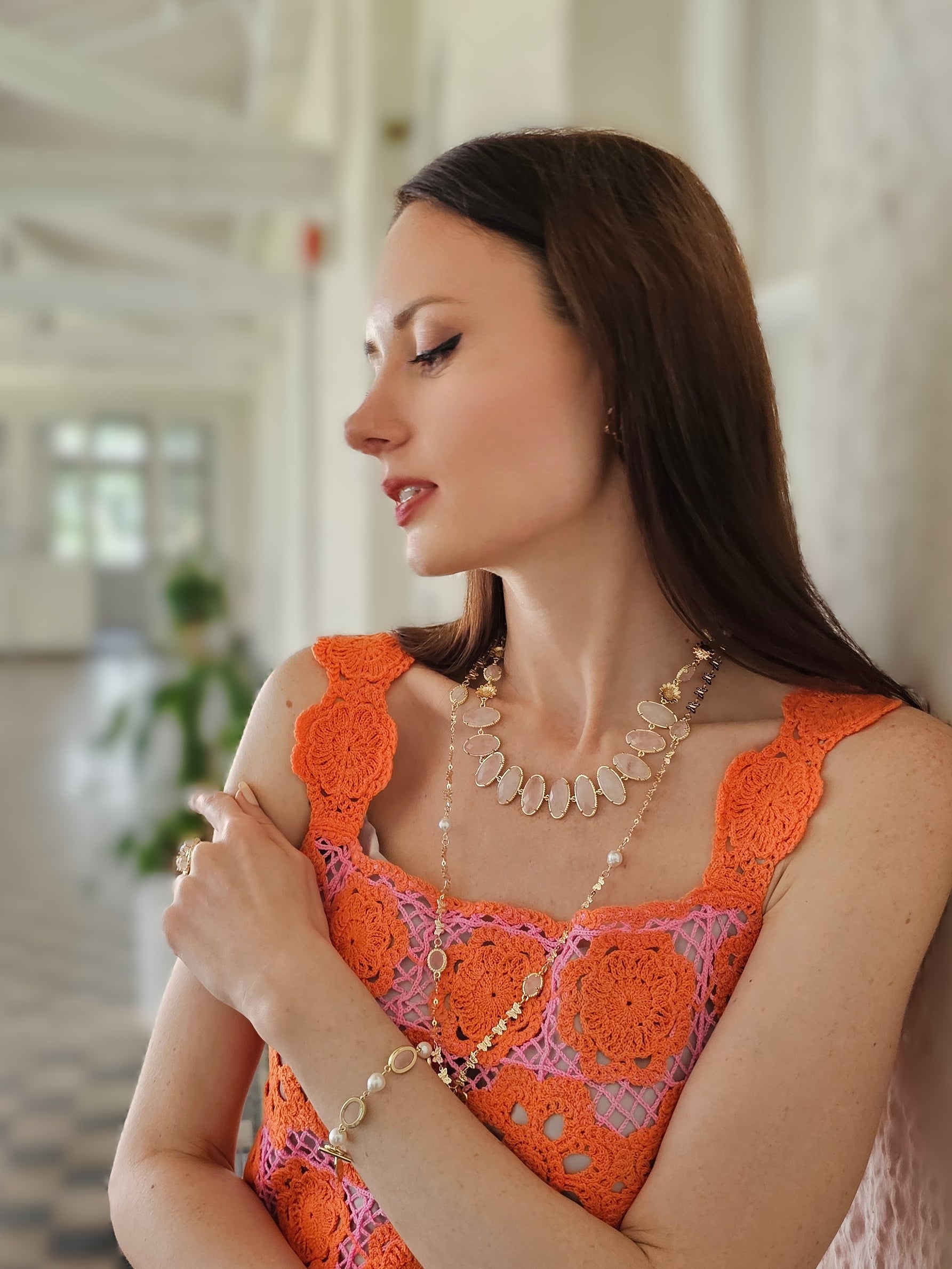 Butterfly Pendant With Rose Quartz Stones Long Necklace PN037-2