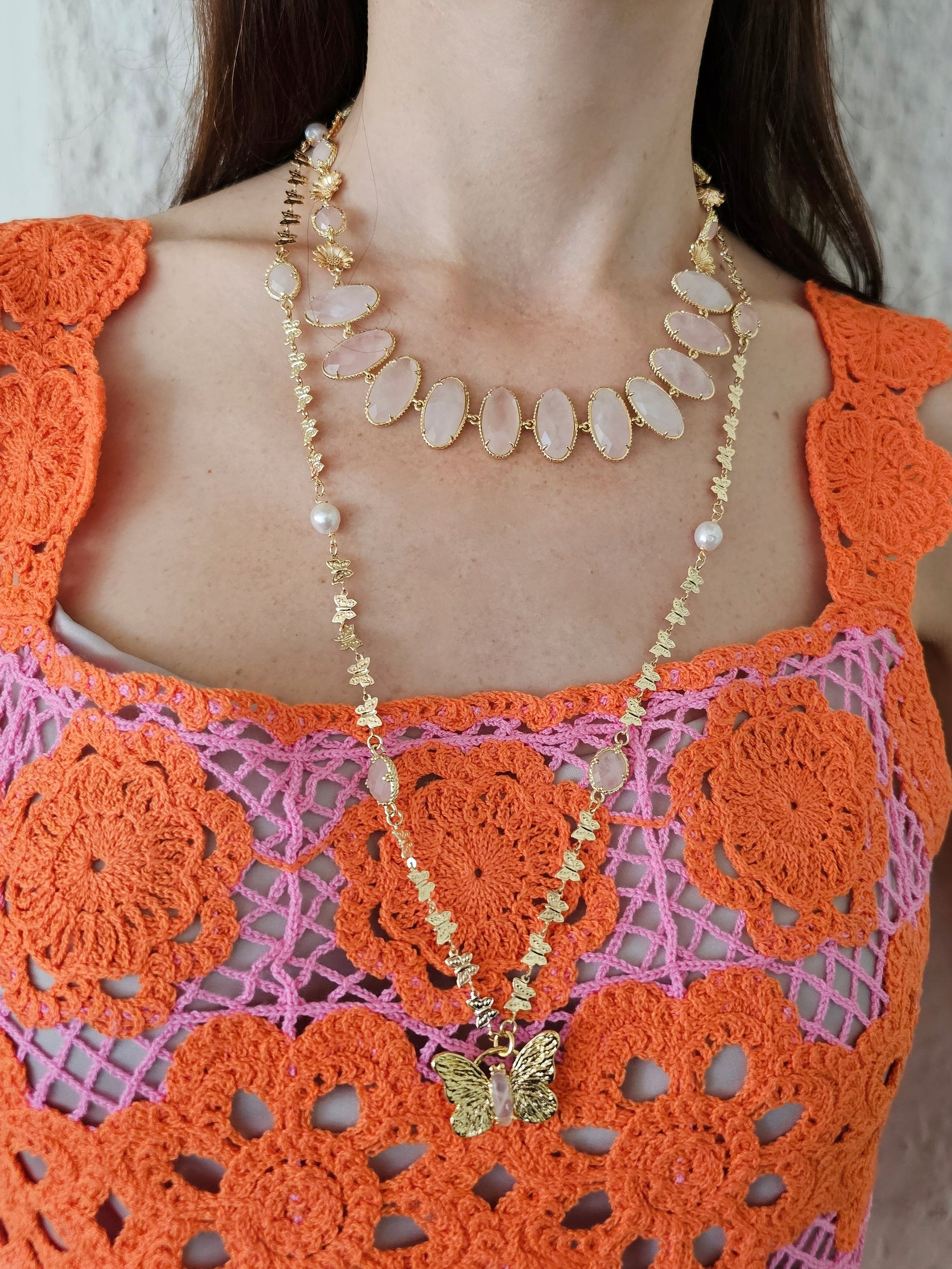 Butterfly Pendant With Rose Quartz Stones Long Necklace PN037-1