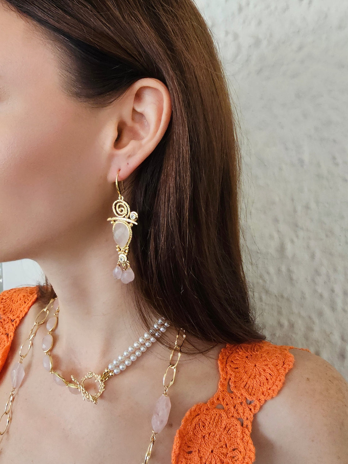 Bohemian Pink Rose Quartz Chandelier Earrings PE028-1