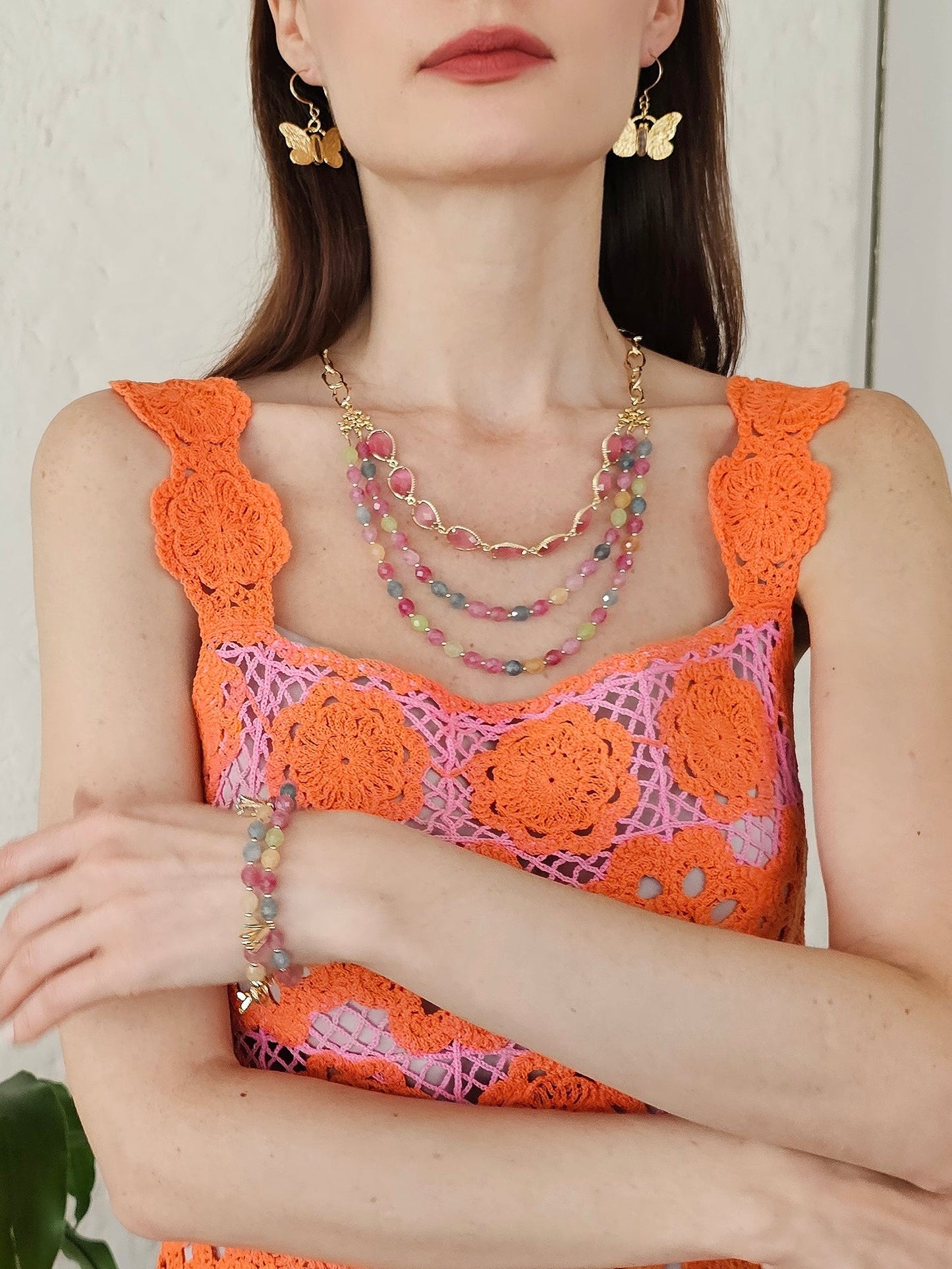 Gold Butterfly with Rose Quartz Stone Earrings PE027-3