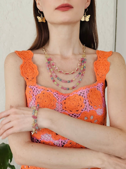 Gold Butterfly with Rose Quartz Stone Earrings PE027-3