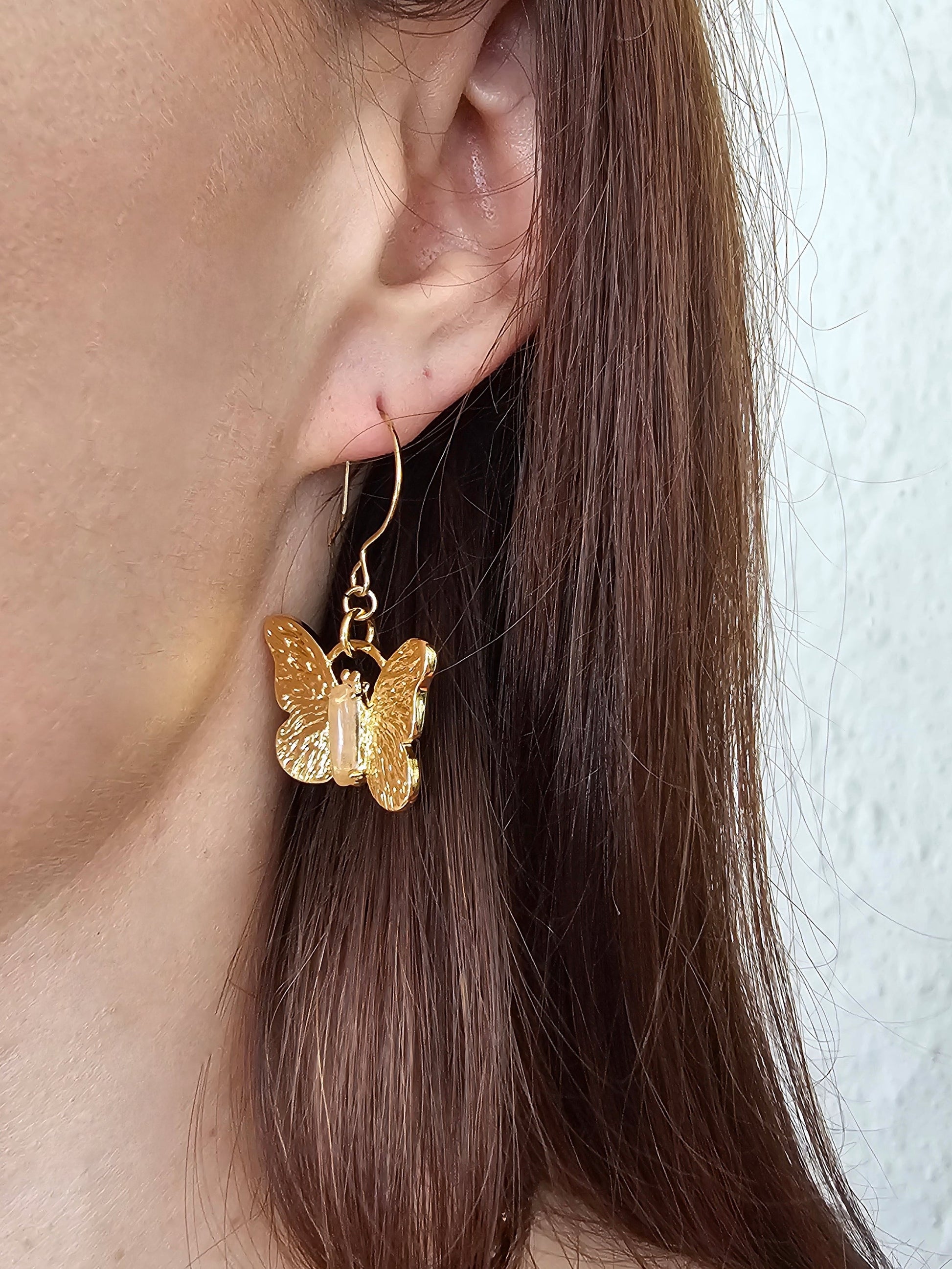 Gold Butterfly with Rose Quartz Stone Earrings PE027-2