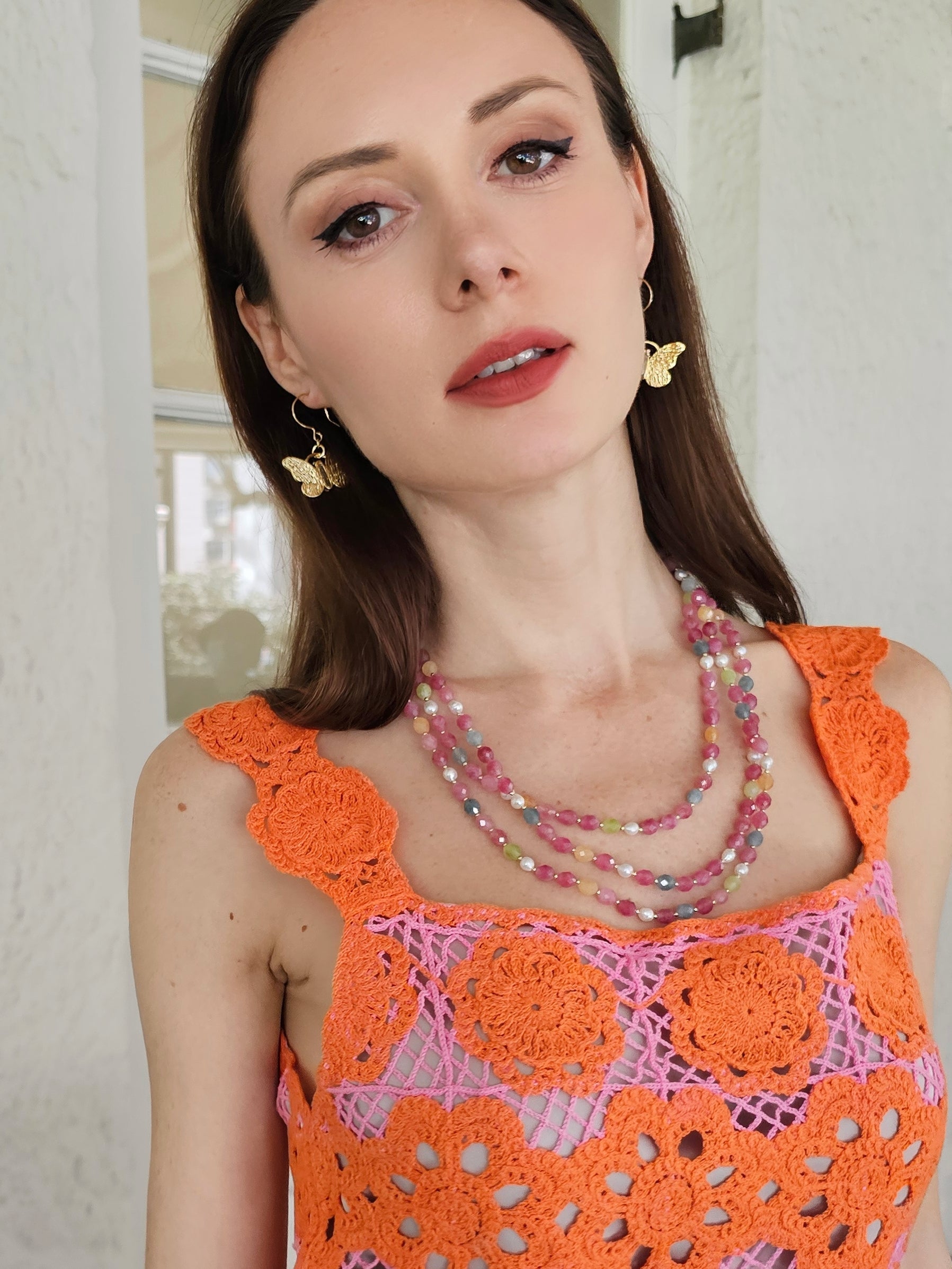 Gold Butterfly with Rose Quartz Stone Earrings PE027-1