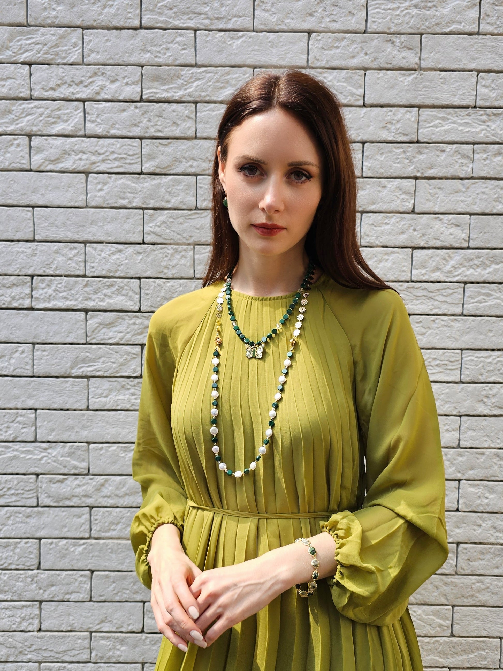 Coin Shaped Malachite And Freshwater Pearls With Flower Chain Versatile Necklace PN059-3