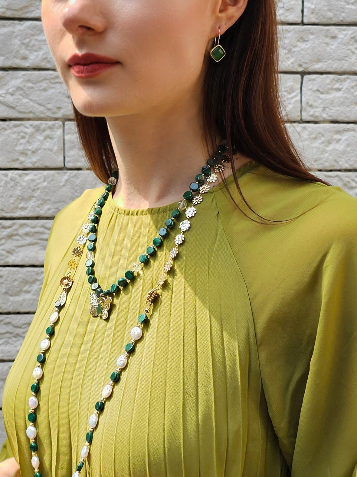 Coin Shaped Malachite And Freshwater Pearls With Flower Chain Versatile Necklace PN059-4