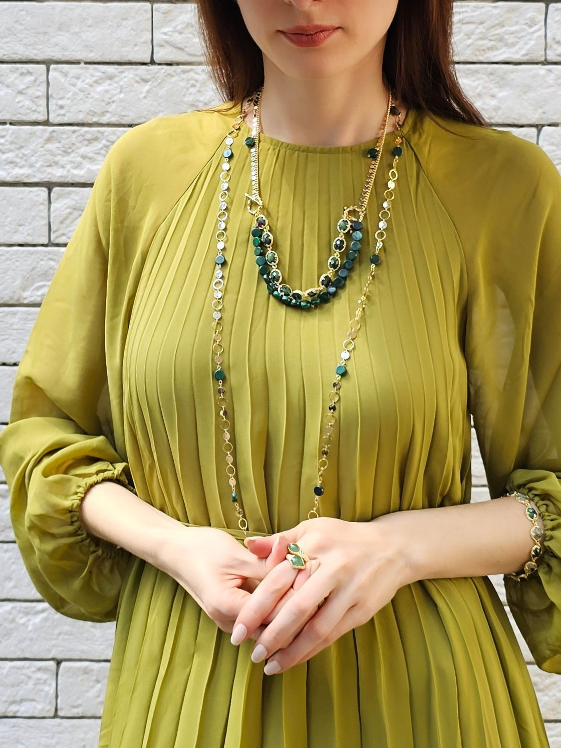 Round Shaped Gold Chain With Malachite Long Necklace PN062-1