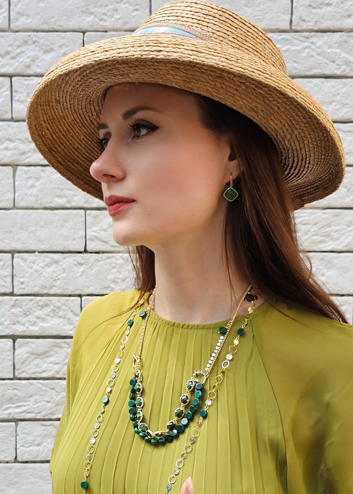 Green Gemstone With Chain Versatile Necklace PN061-1