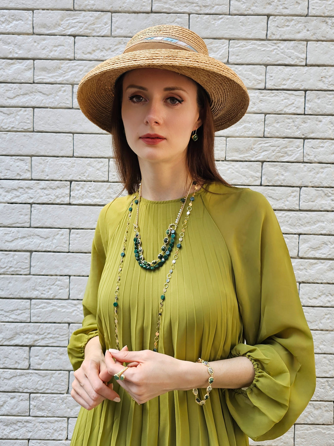 Round Shaped Gold Chain With Malachite Long Necklace PN062-2