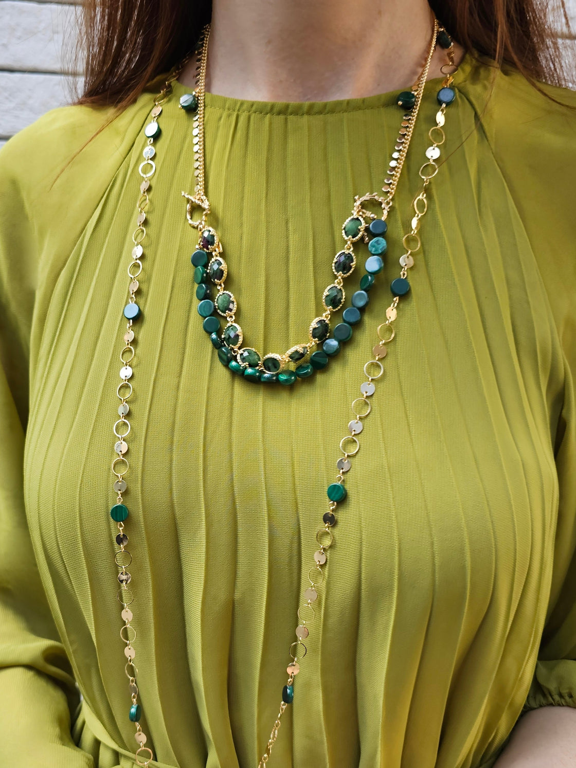 Round Shaped Gold Chain With Malachite Long Necklace PN062-3