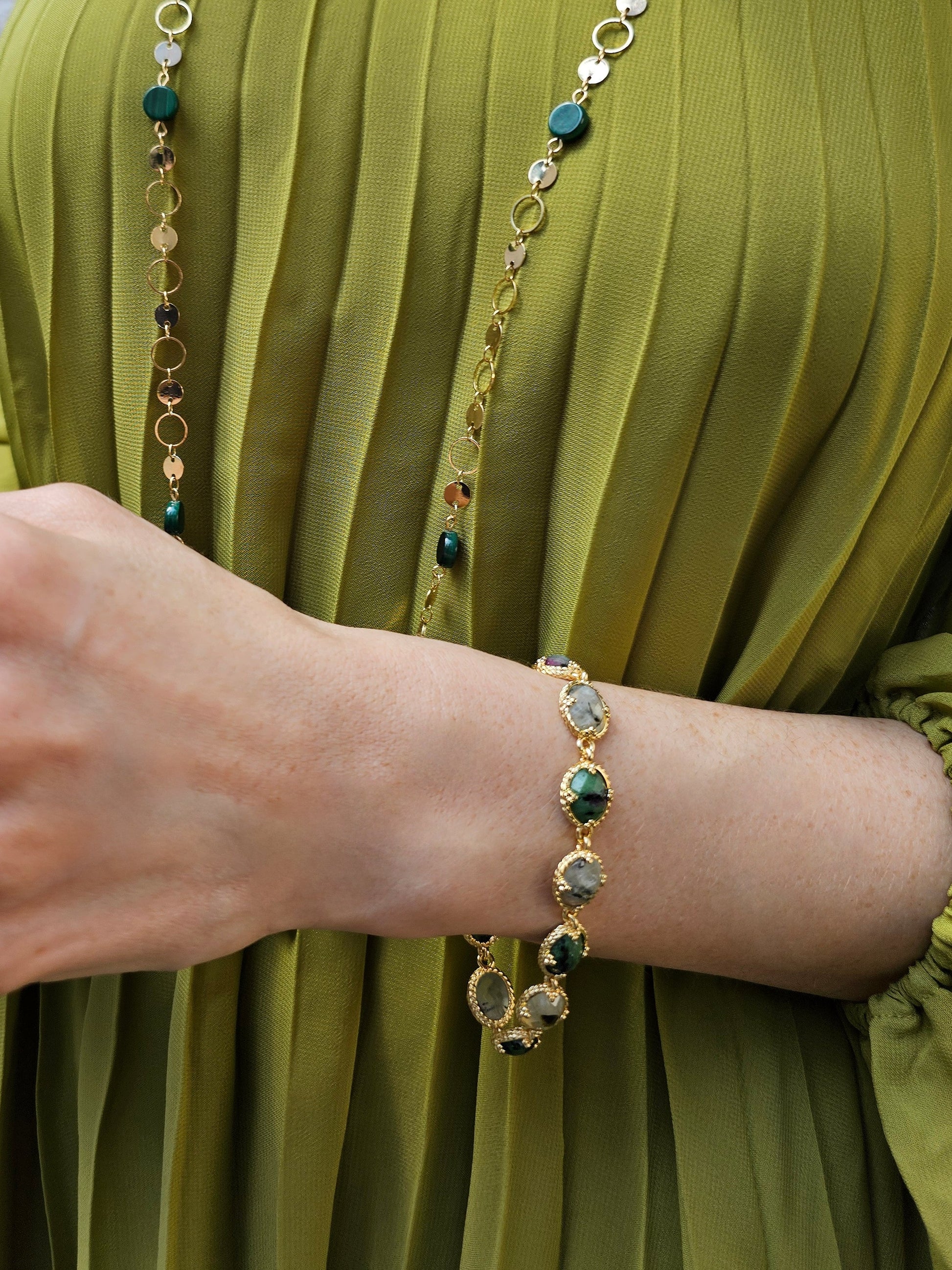 Green Gemstone Stones Box Clasp Bracelet PB026-1