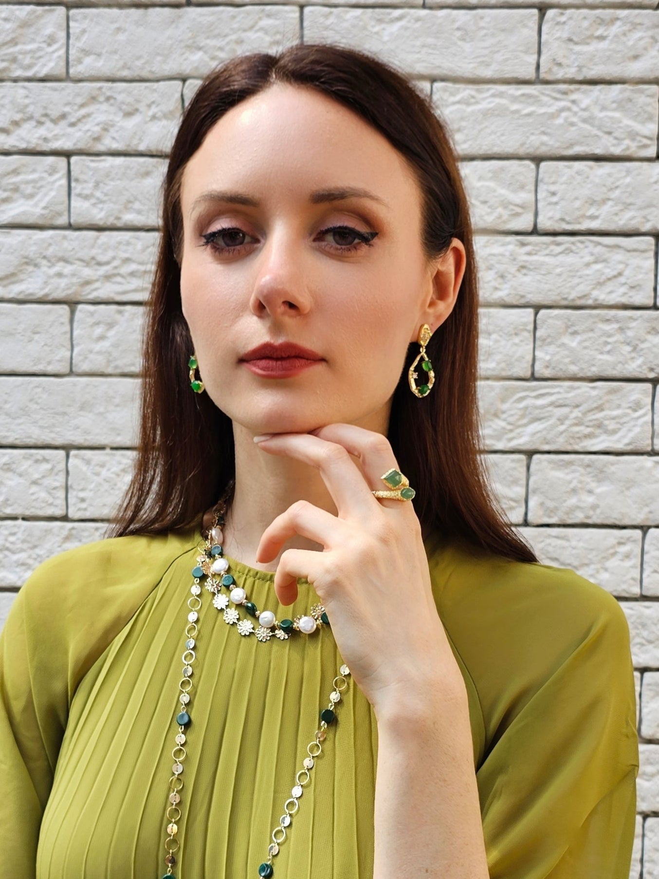 Green Agate Frame Dangle Statement Earrings PE045-2