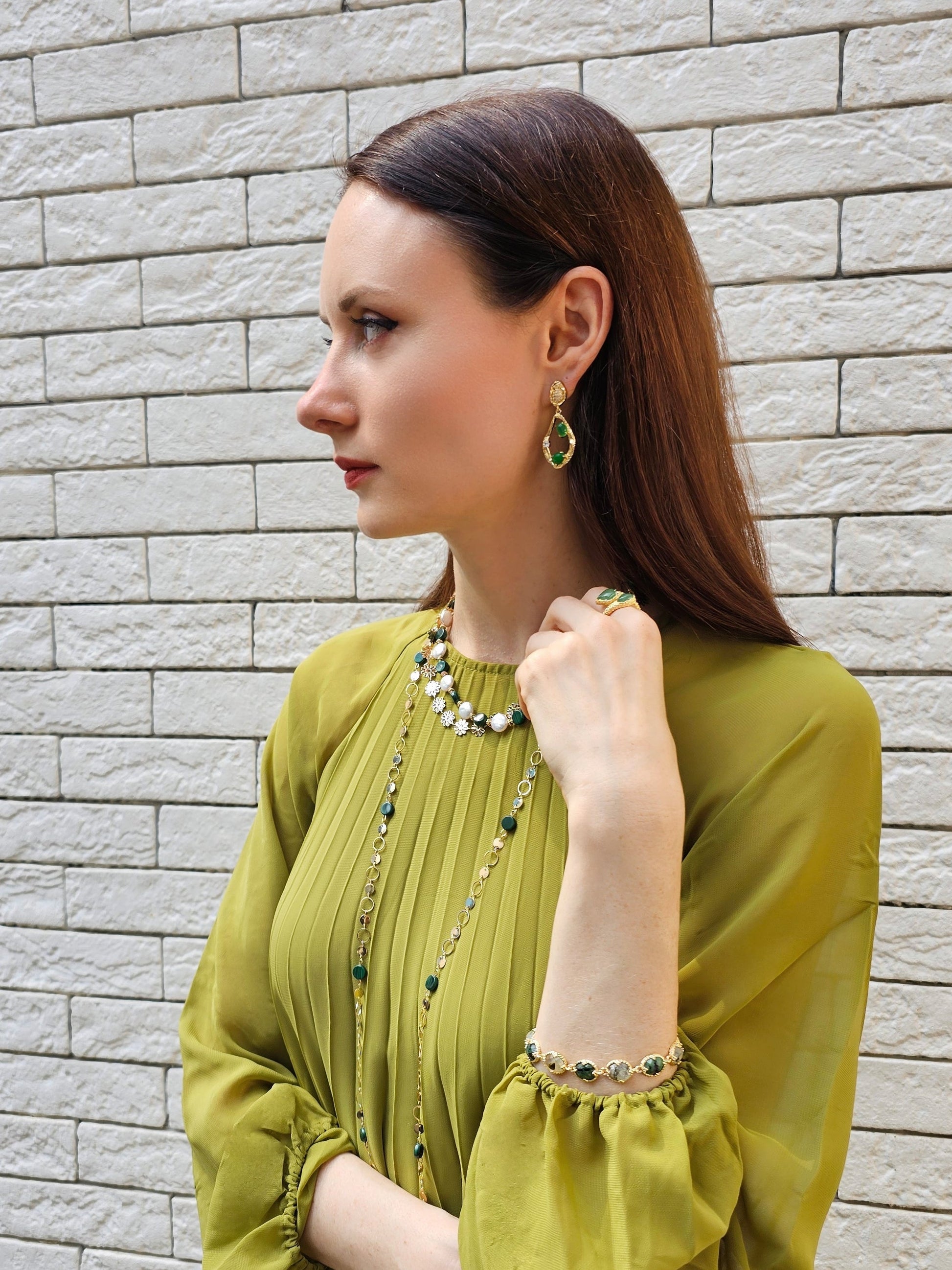 Green Agate Frame Dangle Statement Earrings PE045-3