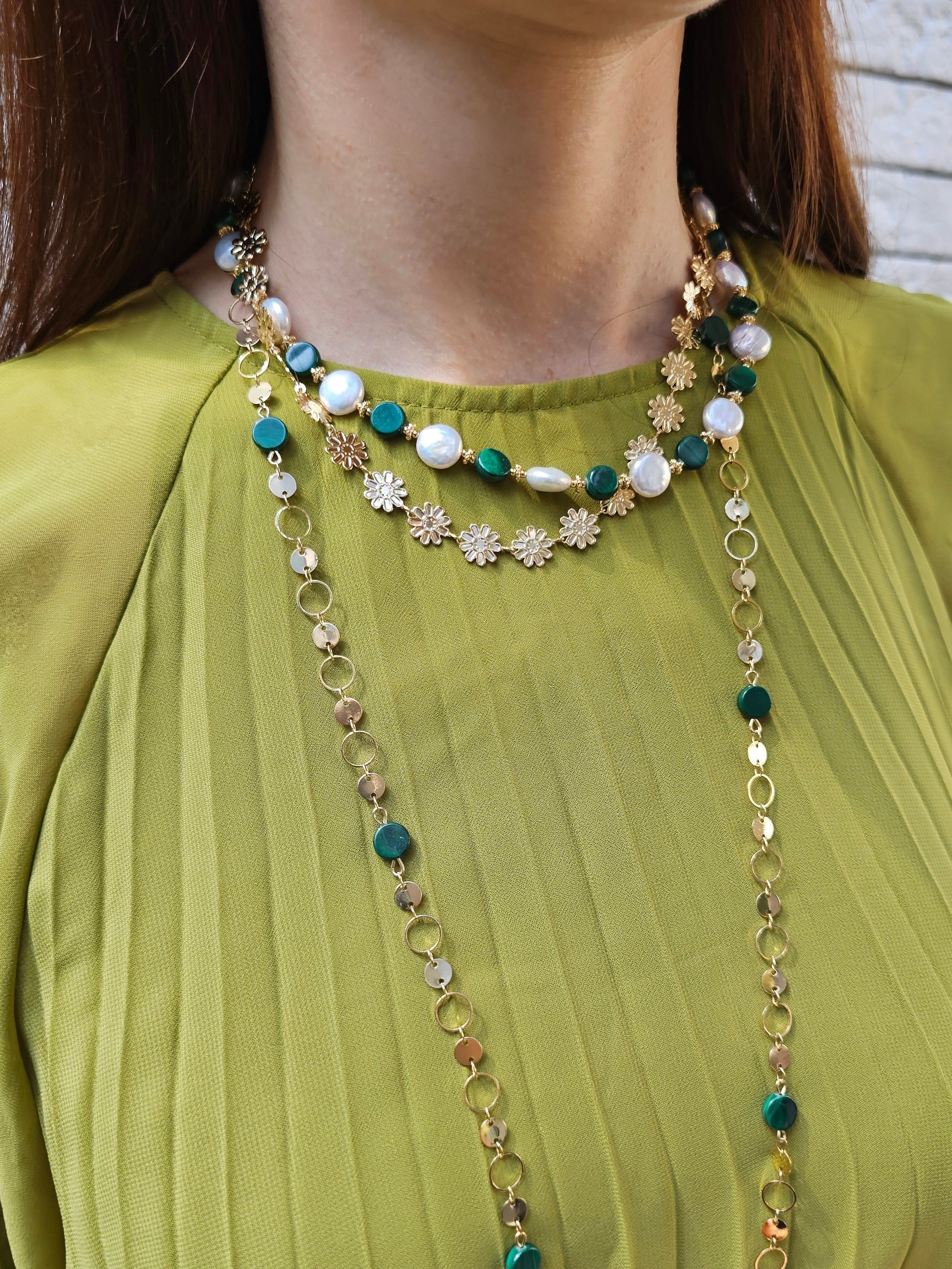 Coin Shaped Malachite And Freshwater Pearls With Flower Chain Versatile Necklace PN059-1