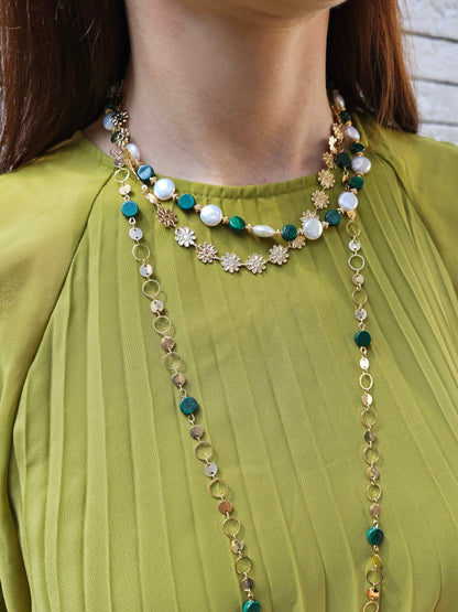 Coin Shaped Malachite And Freshwater Pearls With Flower Chain Versatile Necklace PN059-1