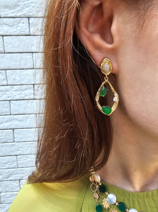 Green Agate Frame Dangle Statement Earrings PE045-0