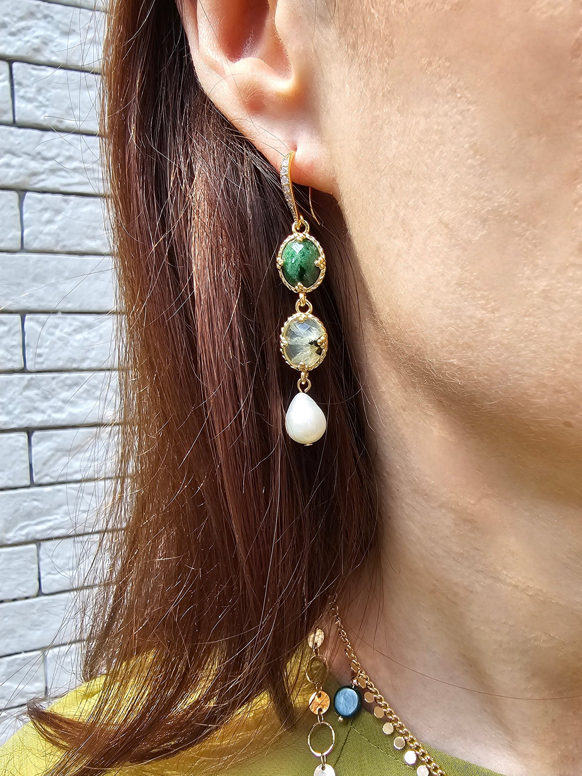 Green Gemstone With White Pearls Dangle Earrings PE043-1