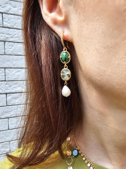 Green Gemstone With White Pearls Dangle Earrings PE043-1