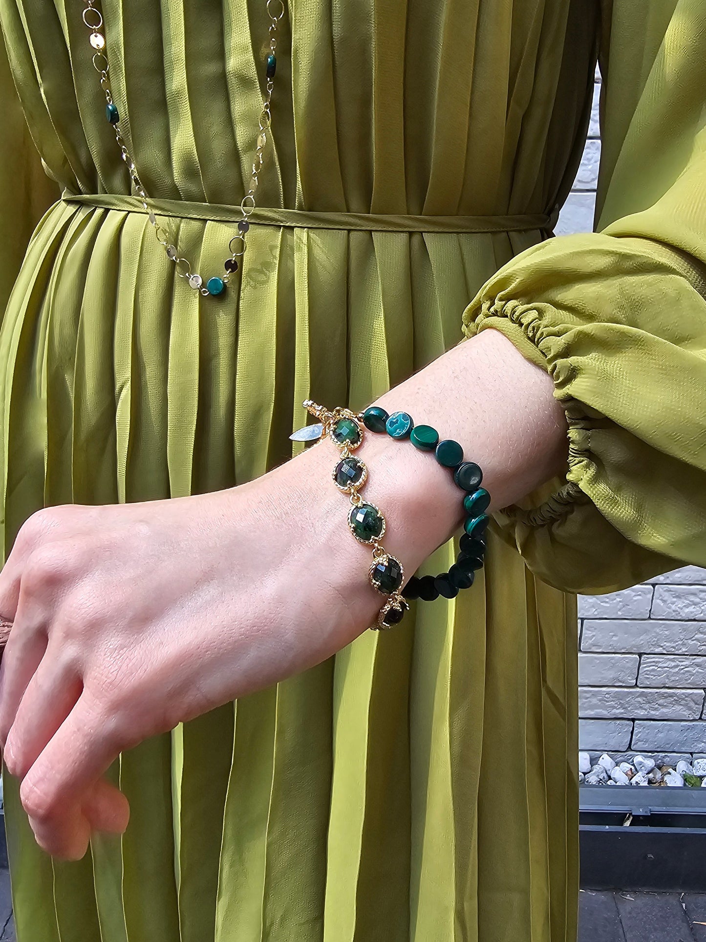 Green Gemstone With Chain Versatile Necklace PN061-2