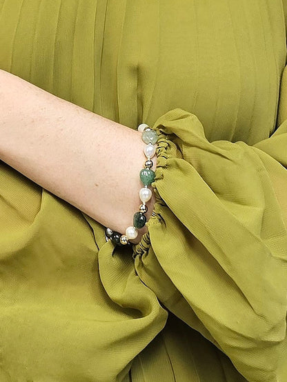 Heart Shaped Green Aventurine With Freshwater Pearls Adjustable Bracelet PB027-1