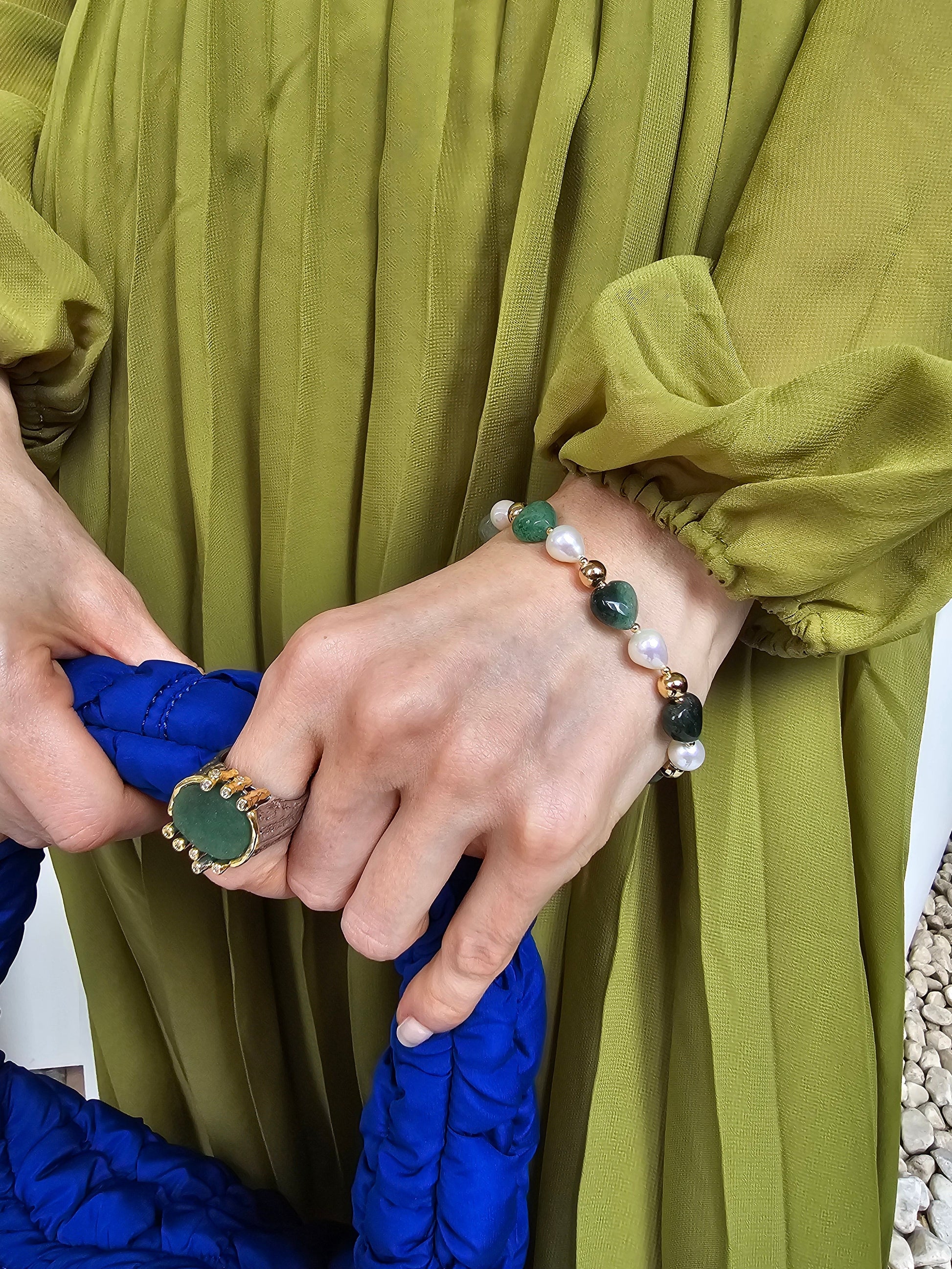 Heart Shaped Green Aventurine With Freshwater Pearls Adjustable Bracelet PB027-2