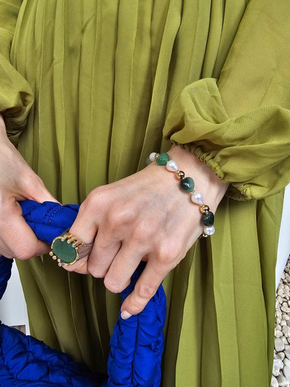 Heart Shaped Green Aventurine With Freshwater Pearls Adjustable Bracelet PB027-2