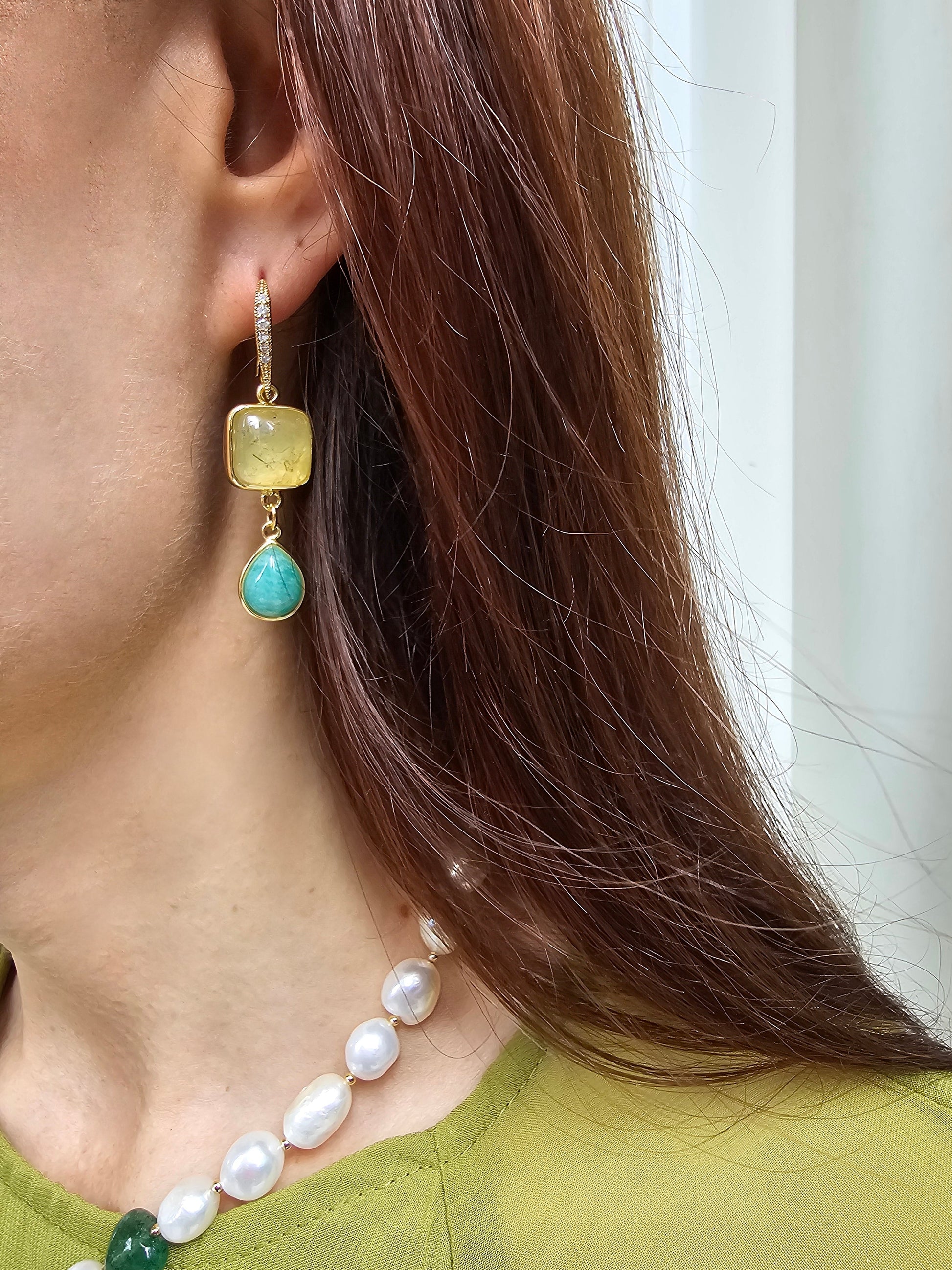 Citrine With Green Amazonite Dangle Earrings PE047-1