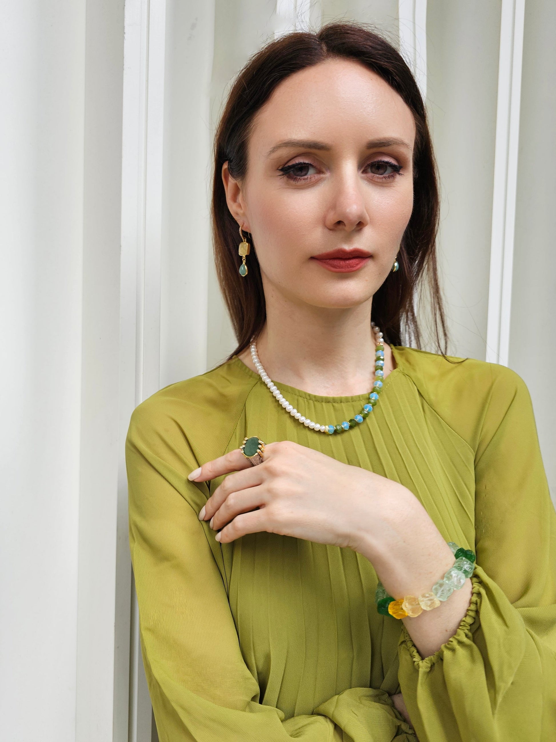 Freshwater Pearls With Green Jade And Opal Color Matching Necklace PN069-2