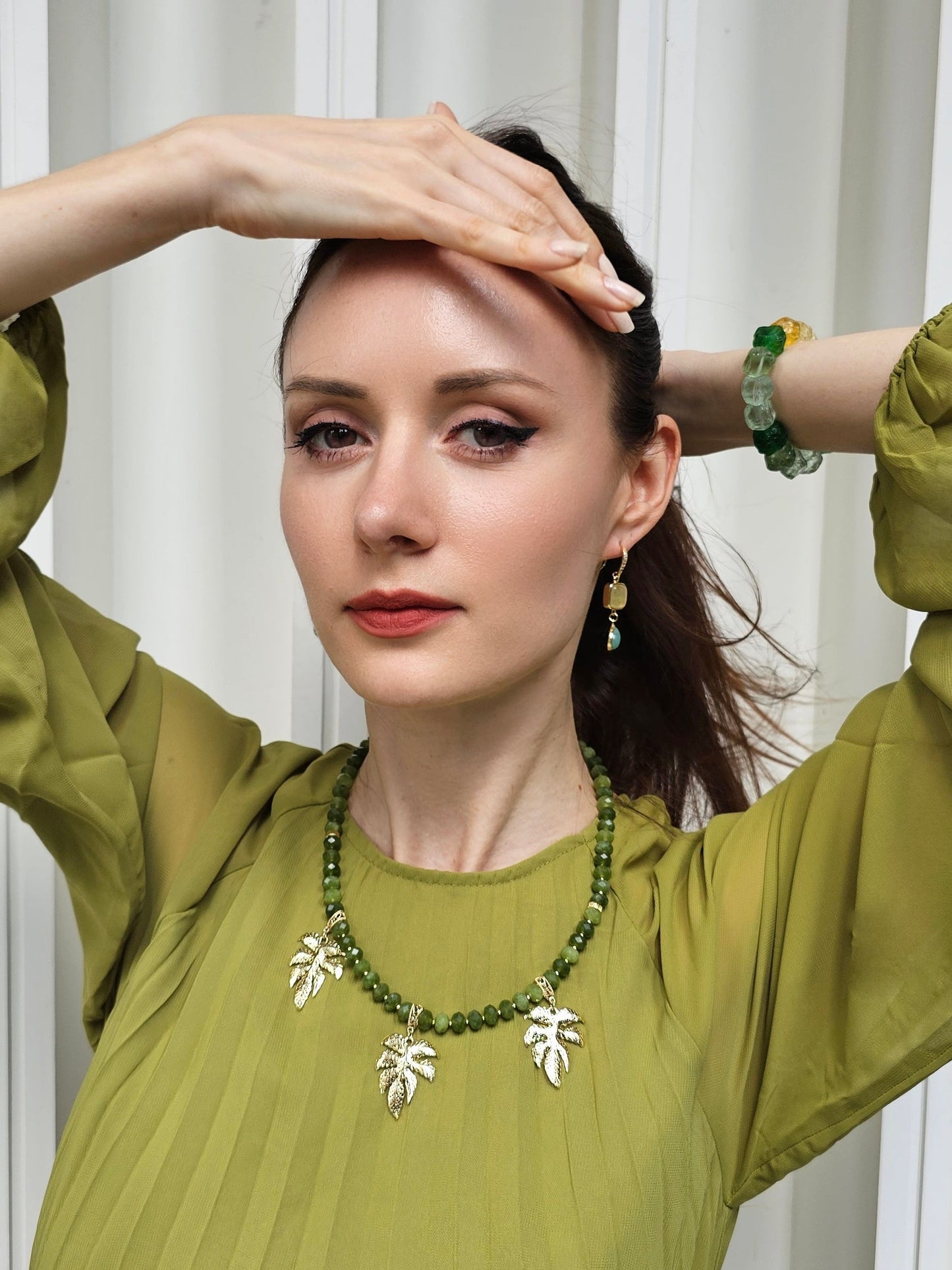 Green Jade With Leaves Pendant Statement Necklace PN066-2