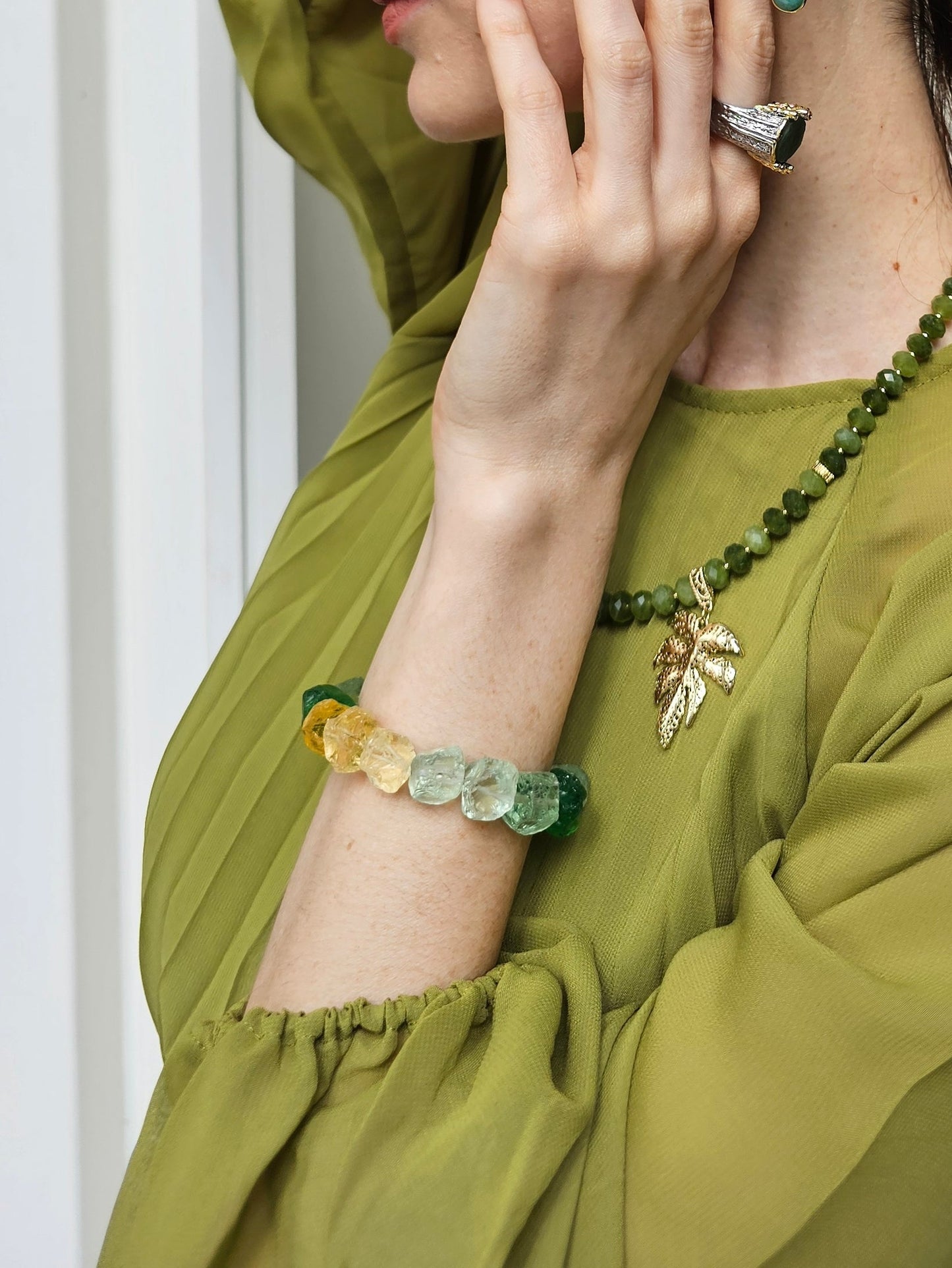 Green Jade With Leaves Pendant Statement Necklace PN066-3