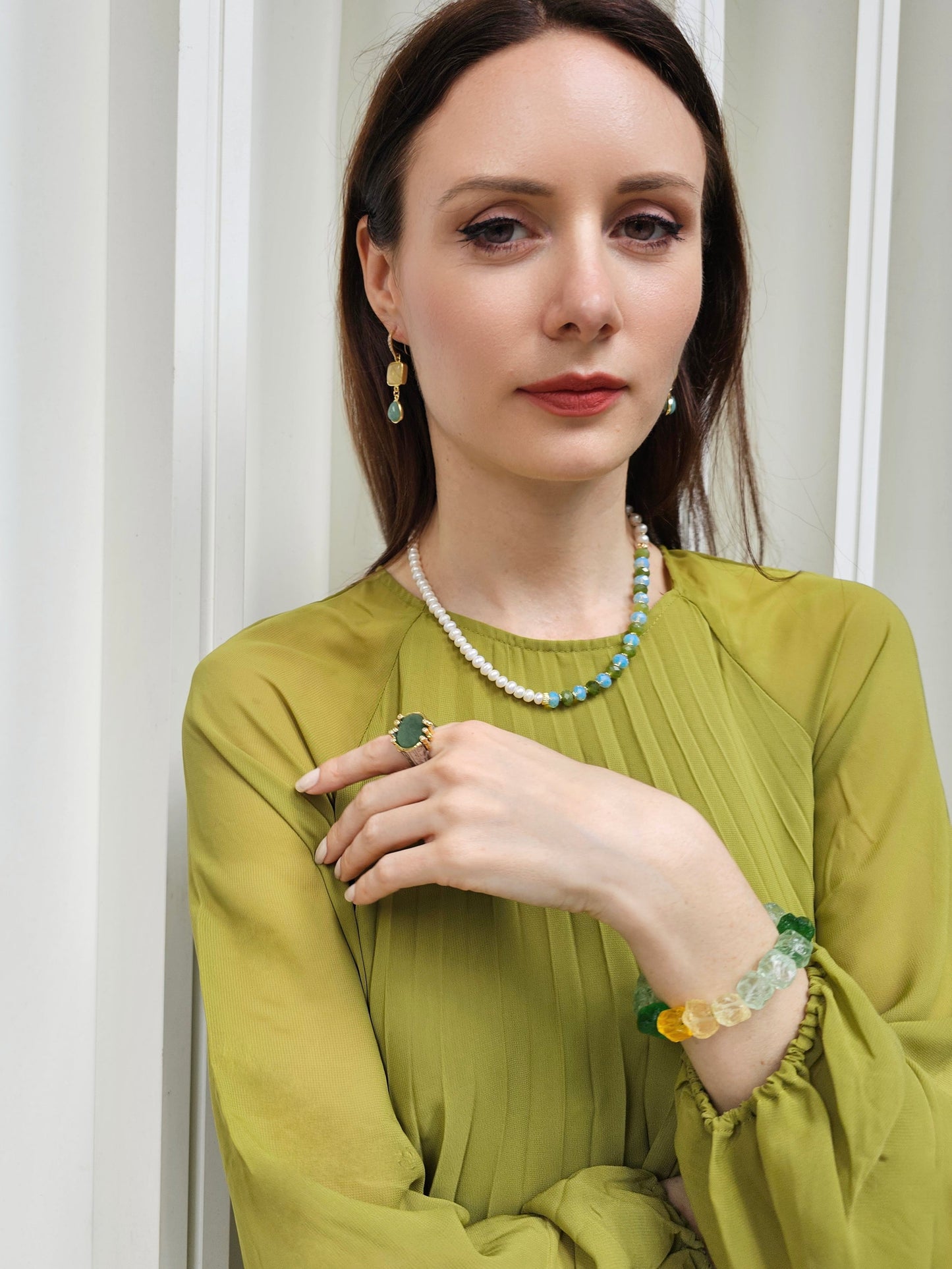 Freshwater Pearls With Green Jade And Opal Color Matching Necklace PN069-4