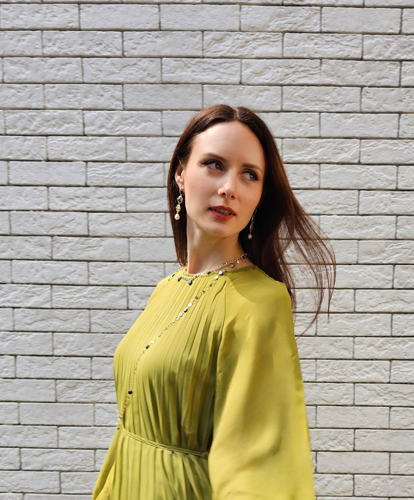 Green Gemstone With White Pearls Dangle Earrings PE043-2