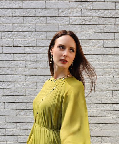 Green Gemstone With White Pearls Dangle Earrings PE043-2