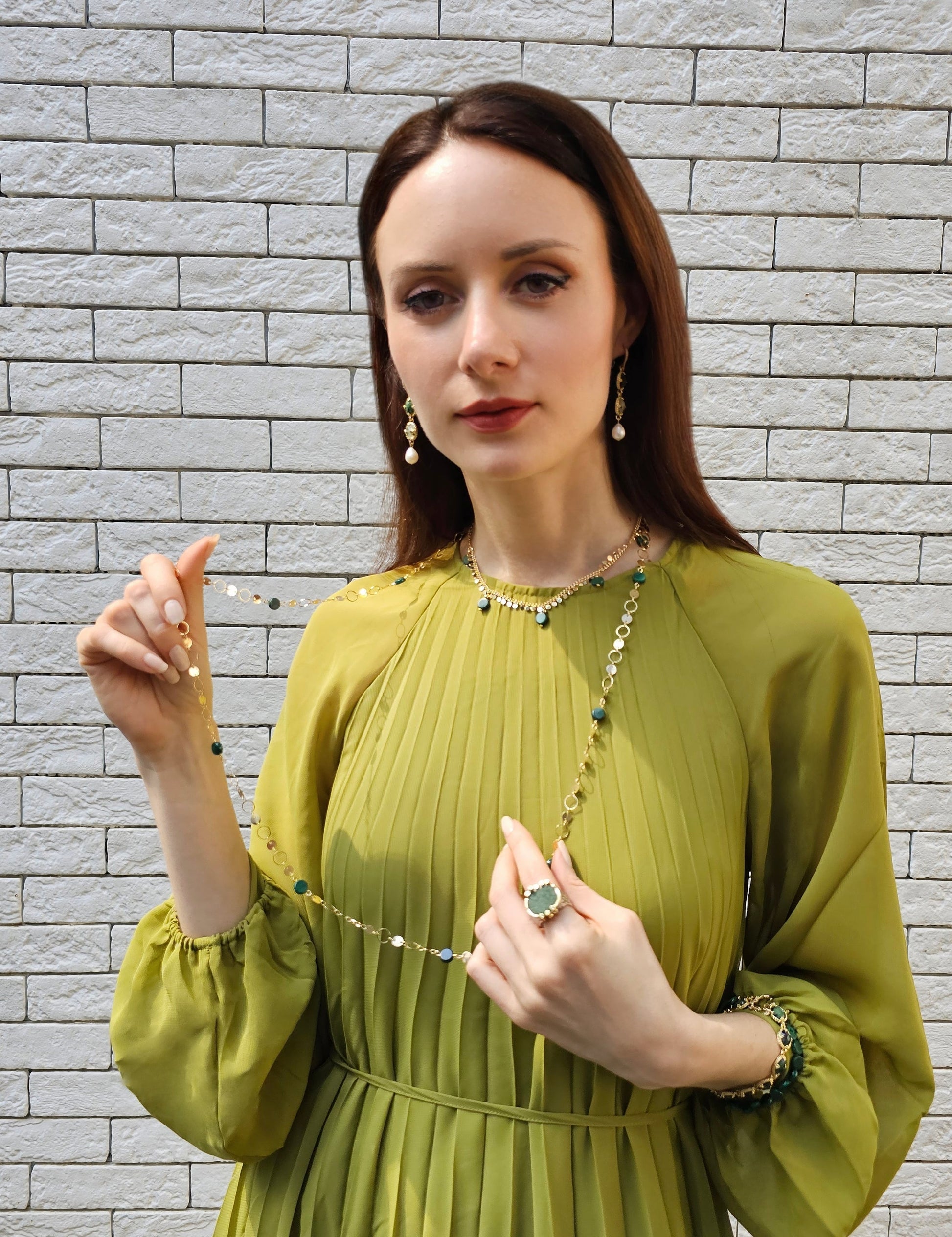 Green Gemstone With White Pearls Dangle Earrings PE043-3